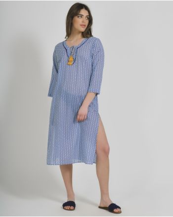 ΚΑΦΤΑΝΙ/TUNIC ΣΕ ΜΠΛΕ/ΛΕΥΚΟ ΧΡΩΜΑ ΚΑΙ ΦΟΥΝΤΑΚΙΑ ONE SIZE (100% COTTON)